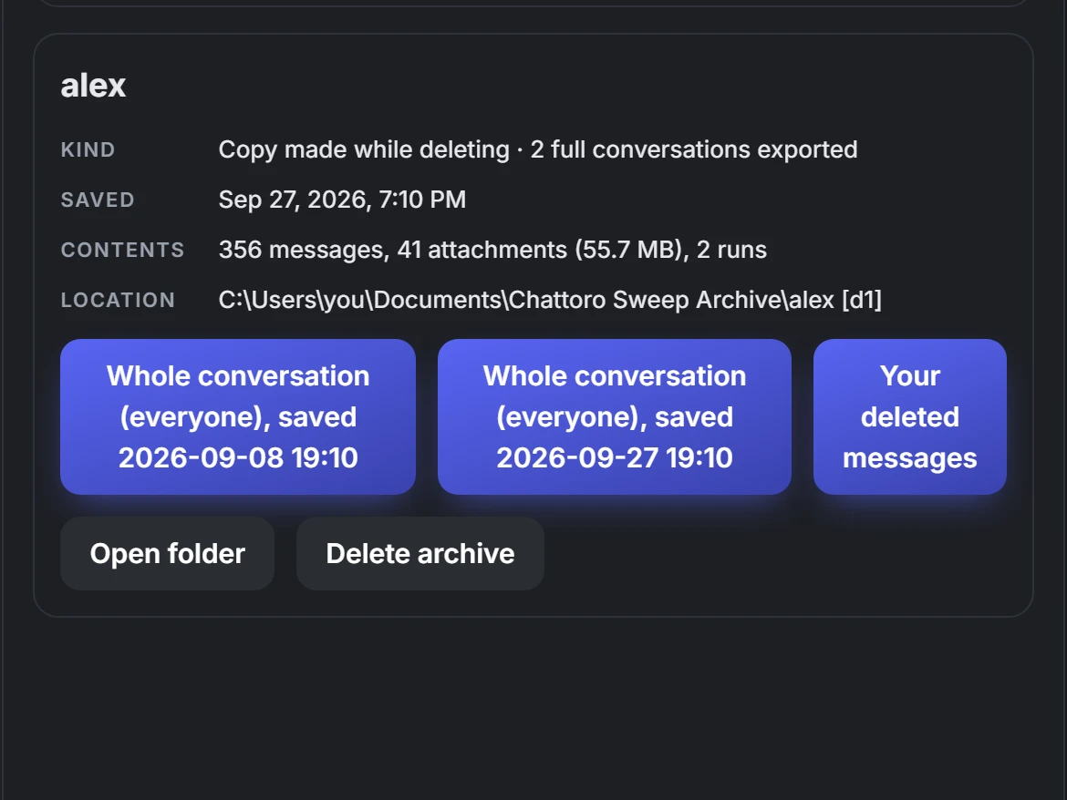 A saved copy of a DM: 356 messages and 41 attachments, with buttons to open each saved conversation