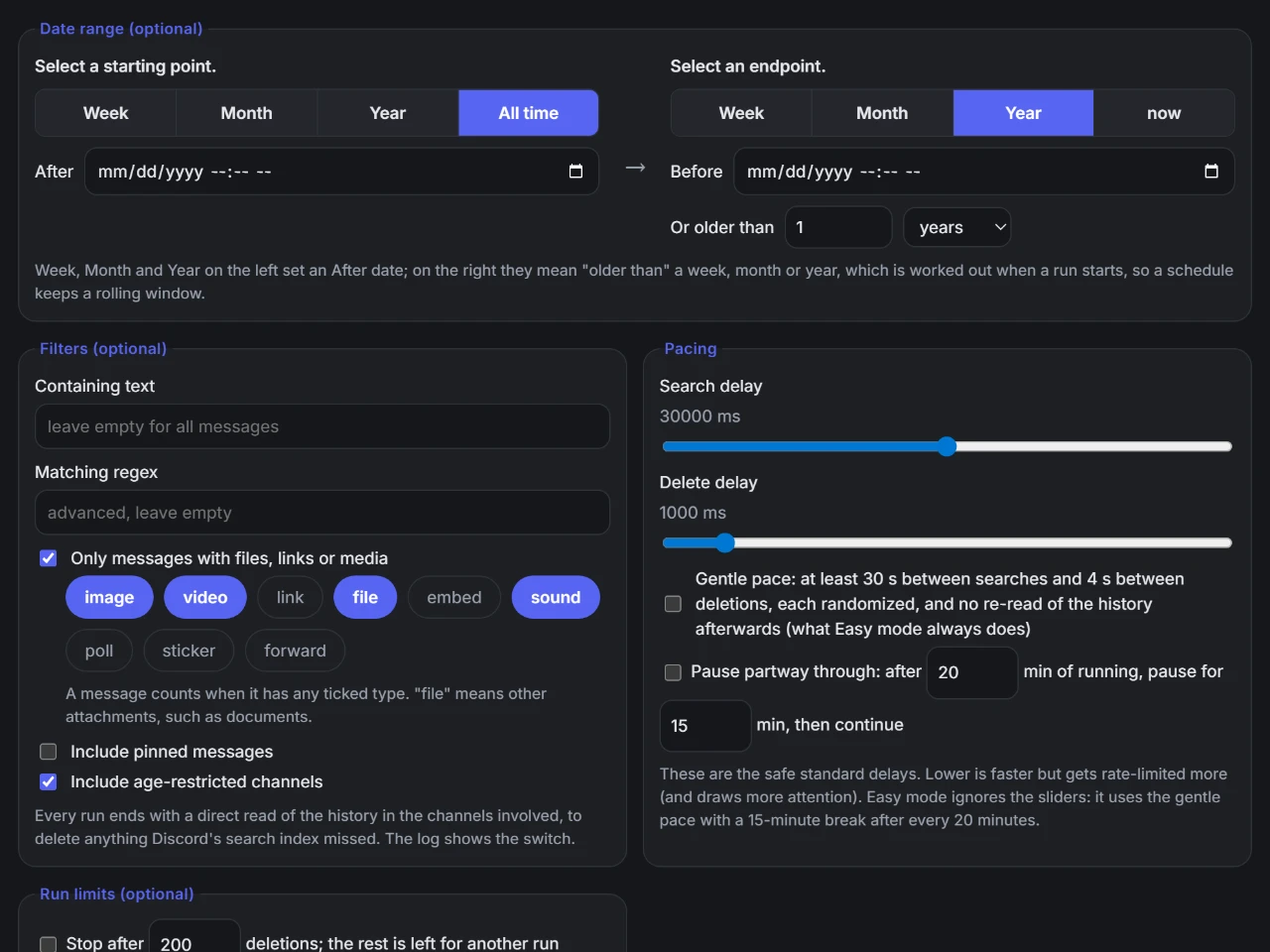 Advanced options: a date range, filters by text and attachment type, and the pace settings